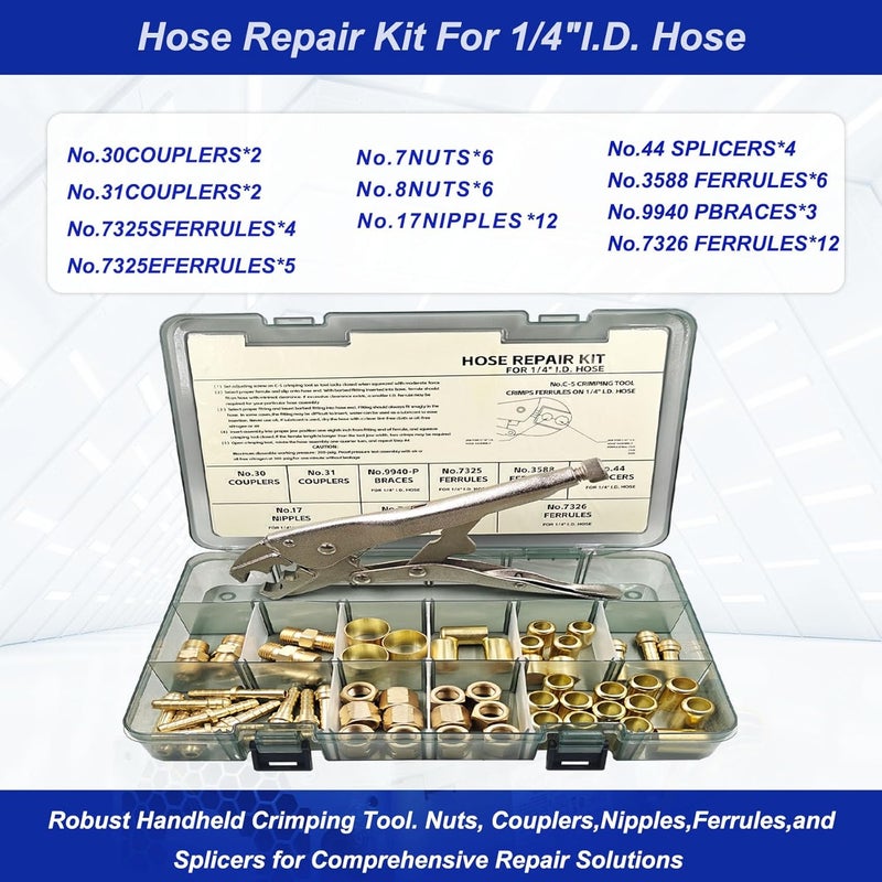 ZGTools 58PCS Hose Repair Kit, 1/4 I.D. Torch Hose Repair Kit, Air Hose Crimper Tool for Air Hoses/Torch Hoses/Oxygen Acetylene Hoses，Include Fittings/CrimpingTool/Ferrules/Couplers/Braces/Nipples/Nuts etc - Image 3